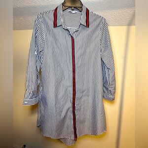 Mango Women's Tunic Button Up / Button Down Striped Button Front Roll Tab Sleeve